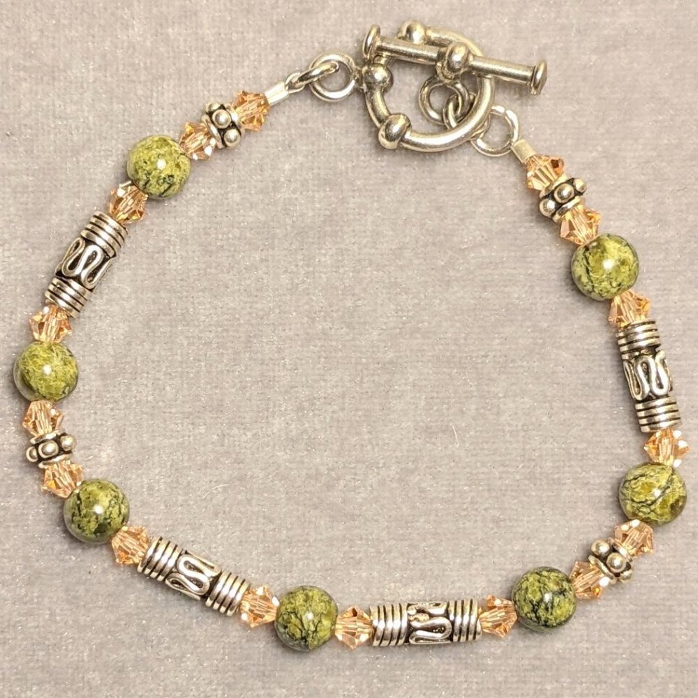Bracelet with Sterling Silver, Peach Swarovski Crystals,  Petrified Wood Beads